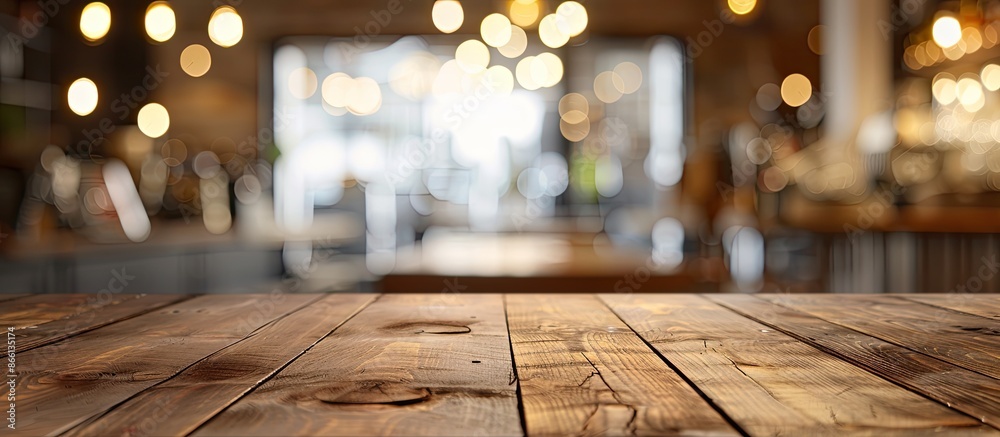 Poster an empty brown wooden table at a coffee shop with a blurred background and bokeh effect, perfect for
