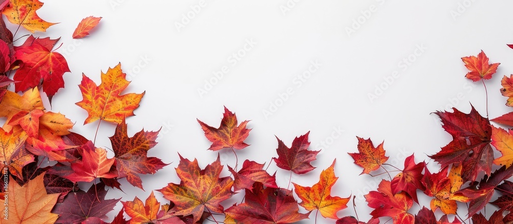 Canvas Prints Top-down view of vibrant autumn maple leaves scattered on a blank white backdrop, creating a border design with a designated copy space image.