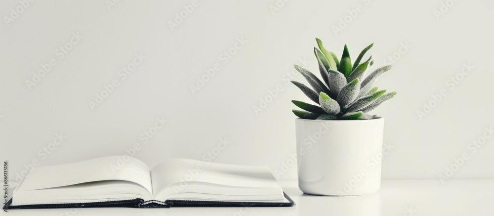 Aufkleber close-up copy space image of a brand-new, empty notepad next to a potted plant, set against a white 