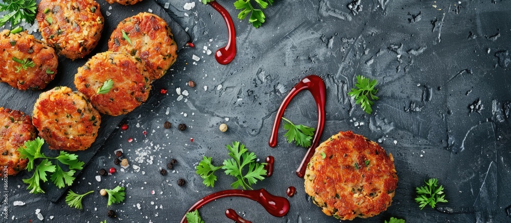 Aufkleber Top view of fried meat cutlets arranged on a gray concrete surface with copy space for an image.