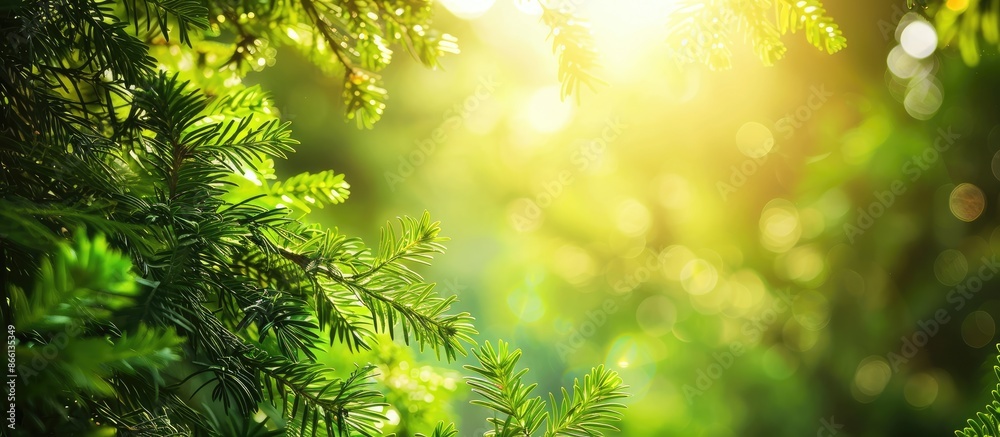 Aufkleber Sunlight filtering through a cypress branch creates a beautiful frame for a copy space image, surrounded by arborvitae and thuja evergreen trees, perfect for a natural theme.