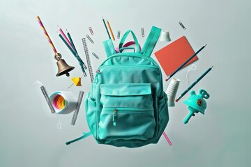 Turquoise backpack, school bell, and various stationery items flying on light grey background, HD capture, perfect for back to school theme