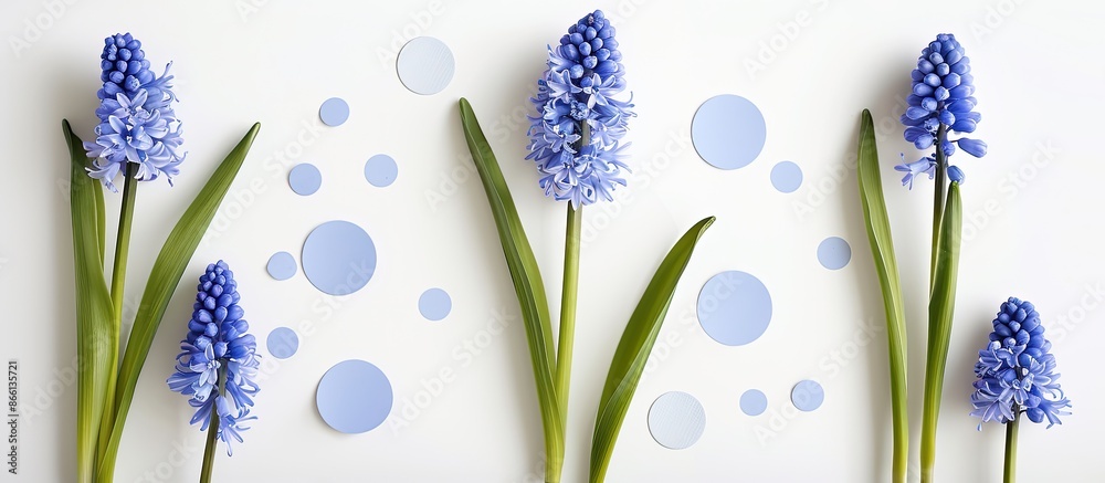 Poster Fresh hyacinth and paper circles create a chic design on a white backdrop, embodying a minimalistic natural theme with a unique copy space image from a bird's eye view.