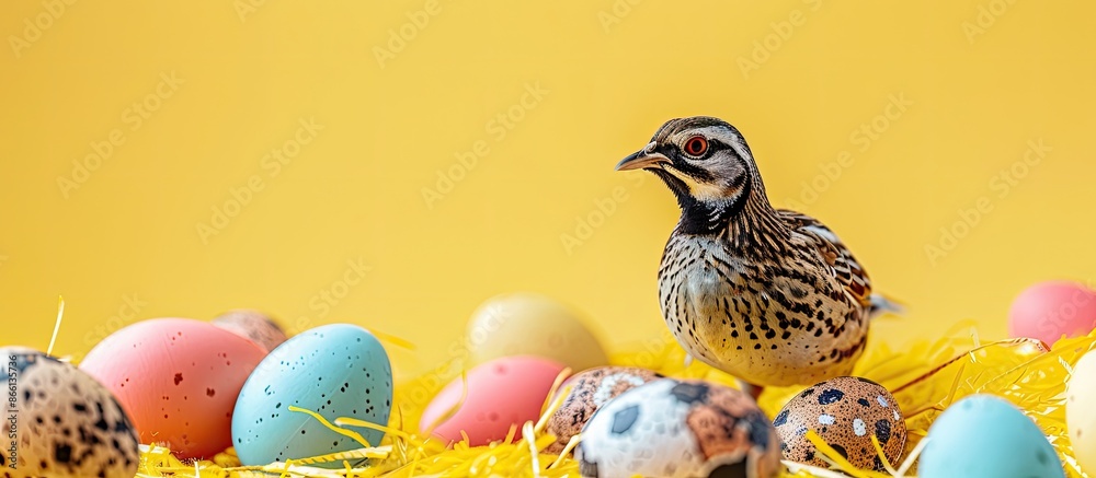 Aufkleber A quail with Easter eggs in a yellow setting with copy space image.