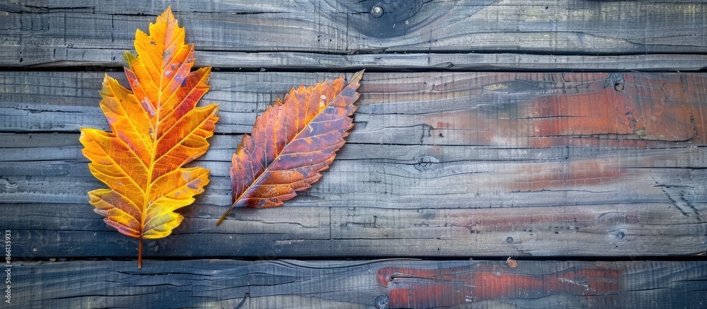 Poster an autumn mahonia leaf with copy space image on weathered wooden backdrop.