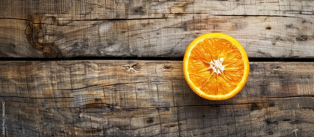Poster split orange on a wooden surface with copy space image.