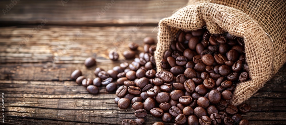 Aufkleber Coffee beans in a burlap bag on a rustic wooden surface with a blank area for text or images in the backdrop. copy space available