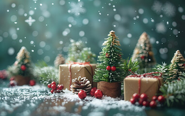Obraz premium Small Xmas trees with bed ball and bokeh for Happy New Year and Merry Christmas concept, Photo by AI generative.