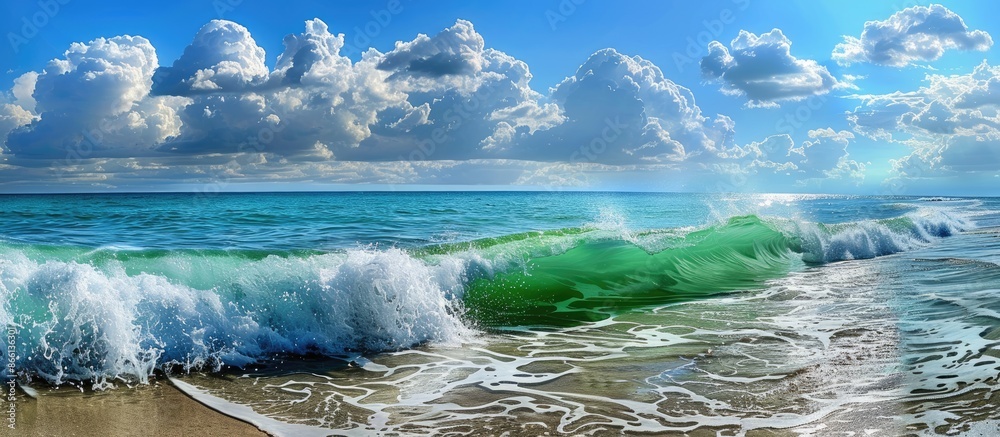 Aufkleber scenic beach setting with vibrant green wave crashing against the shoreline under a sky scattered wi