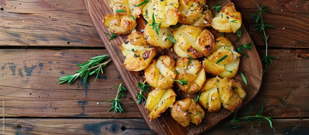 Poster Top view of smashed roasted potatoes on a wooden surface with copy space image available.