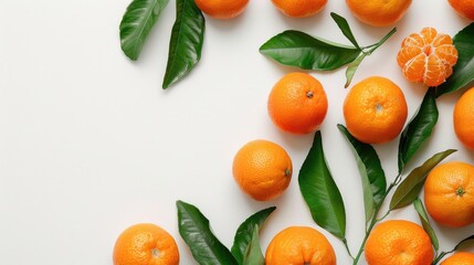 Fresh tangerines on white background top view with space for text