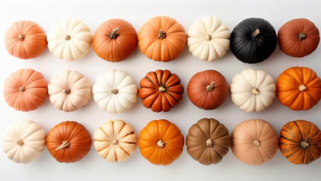 Diverse collection of miniature pumpkins and gourds arranged in neat rows. Variety of colors including orange, white, tan, and deep green. Different shapes and textures showcase autumn harvest bounty.