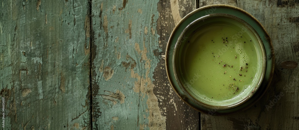 Poster From above, a creamy broccoli soup in a green bowl sits on a rustic table, with a backdrop suitable for added elements in the frame, such as a copy space image.