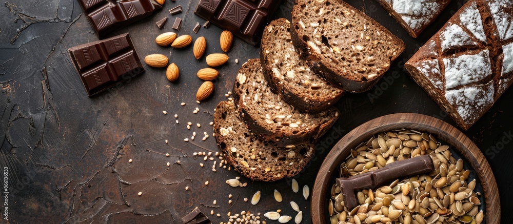 Poster Top-down view of slices of homemade seed bread and a chocolate bar artfully arranged in a traditional Spanish snack display, creating an appealing copy space image.