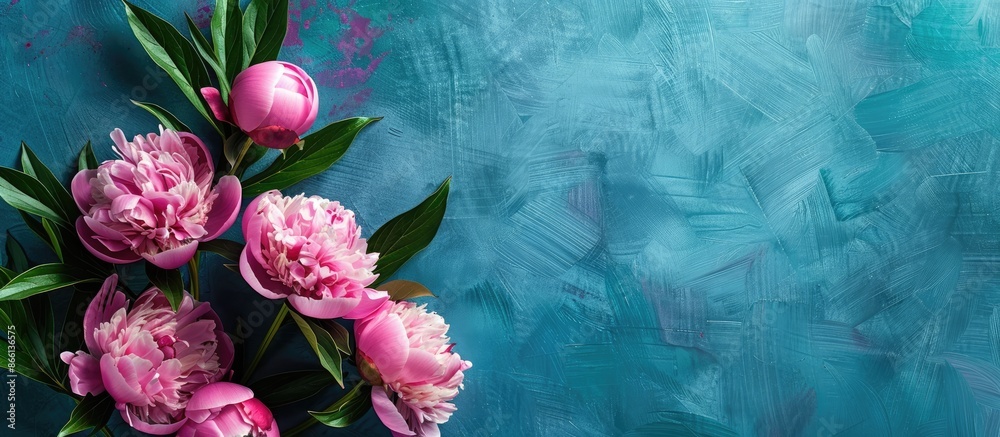 Aufkleber top view of fresh pink peonies on a blue tabletop with a blank area for text in the image. copy spac