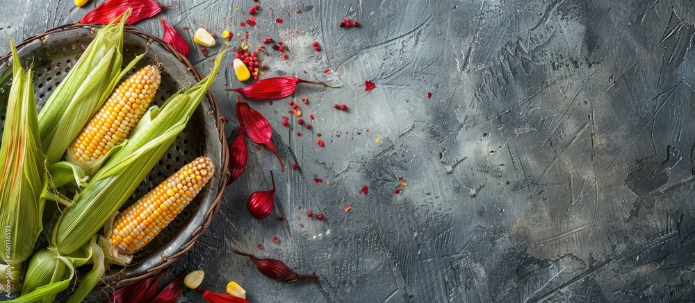 Poster basket sieve plate with fresh baby corn in husk and red silk on a gray table with copy space image.