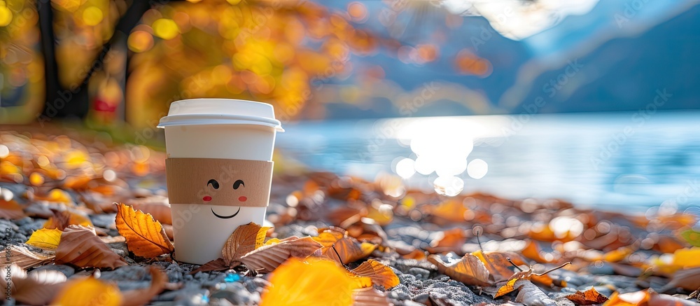 Poster fall-themed concept with a cheerful coffee cup featuring a smiling face amidst autumn leaves, with a