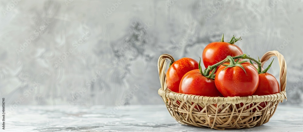 Poster Ripe tomatoes in a basket displayed on a table with a light background, perfect for adding text beside the copy space image.