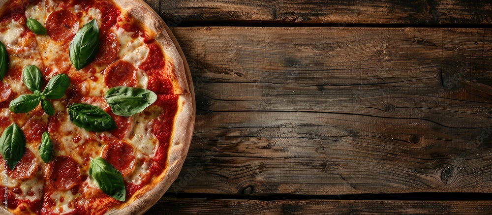 Leinwandbilder italian pizza displayed on a rustic wooden table with copy space image.