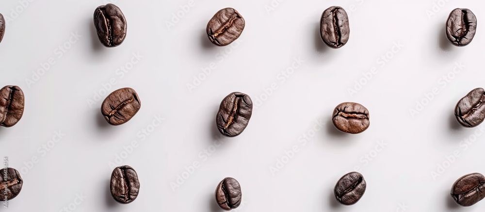 Poster top view of numerous roasted coffee beans on a white background, with ample copy space image availab