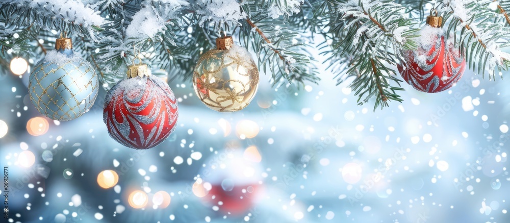 Aufkleber a festive scene featuring shiny christmas ornaments hanging from a snow-dusted tree branch with a re
