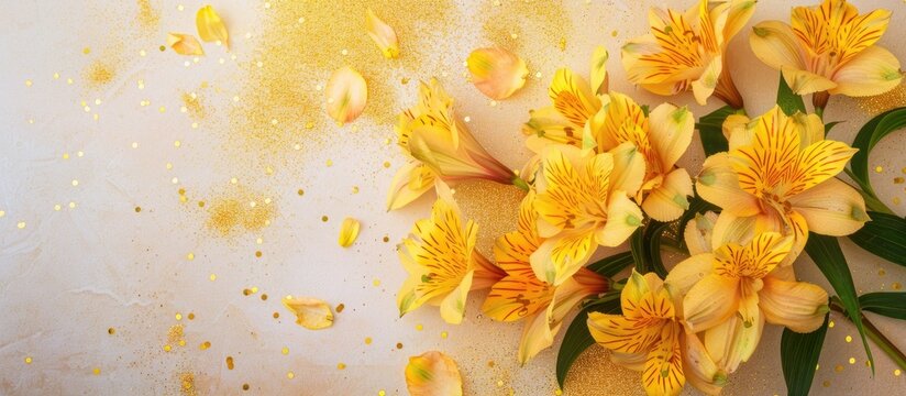 High-quality photo of a festive, minimalist backdrop featuring yellow alstroemeria flowers, yellow sparkles, and a party concept, with ample copy space image.