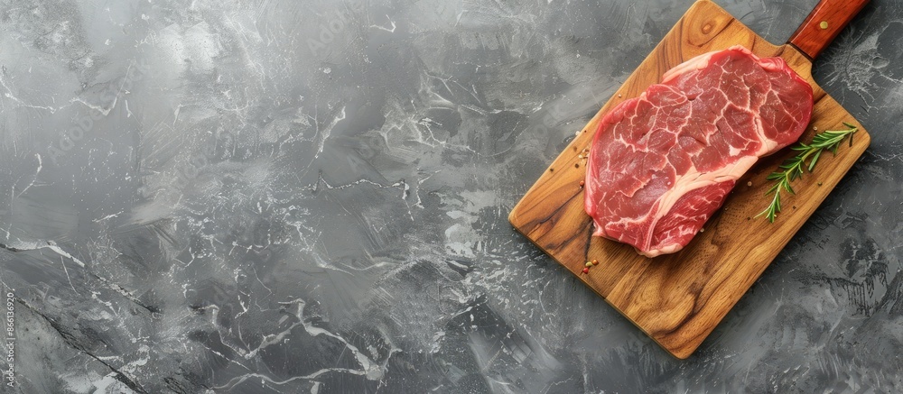 Aufkleber top view image of marbled raw pork steak on a cutting board against a gray backdrop, with room for t