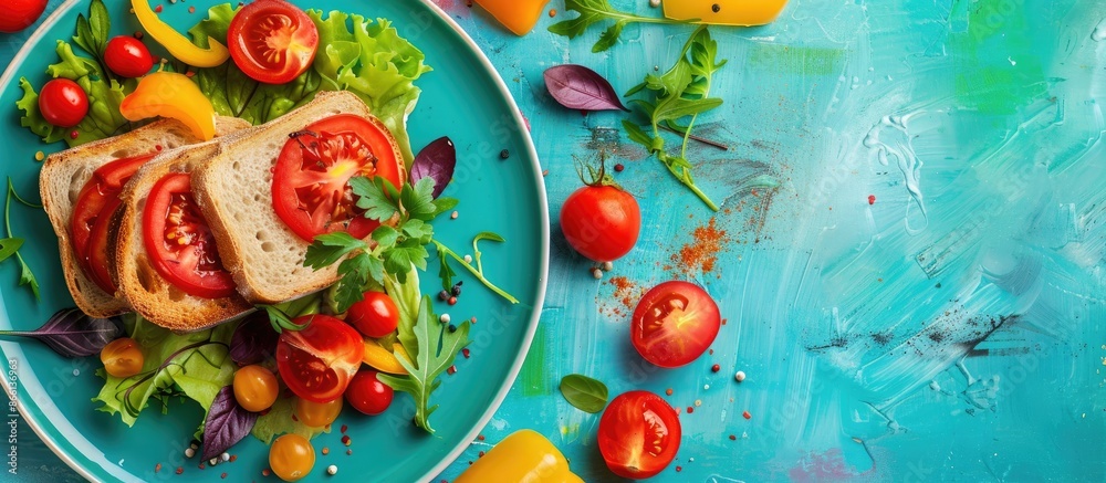 Poster A plate featuring delicious toasts and fresh vegetables displayed on a colorful background with ample copy space image.