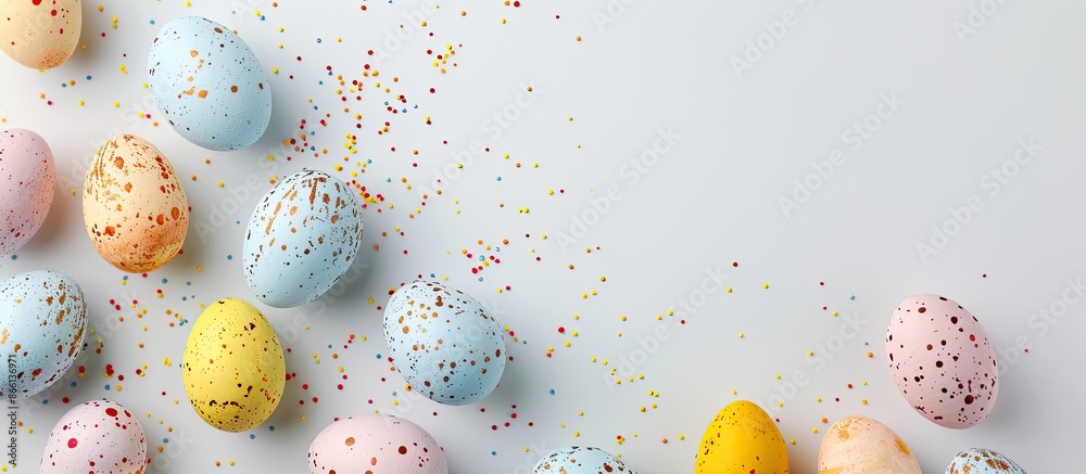 Aufkleber Top view of Easter eggs on a white backdrop with copy space image for text, isolated.