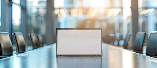 A label mock-up with empty frame displayed on a conference room table against a blurred background, creating space for a business-themed copy image.