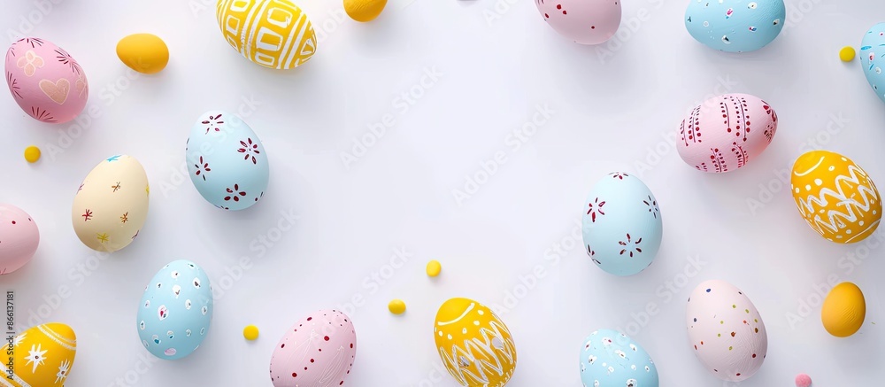 Aufkleber top view of easter eggs on a white backdrop with copy space image for text, isolated.