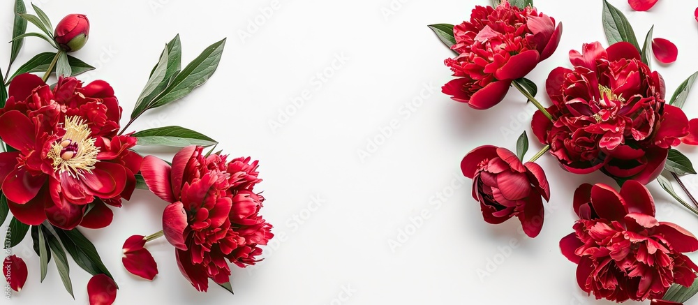 Aufkleber Fresh red peonies on a white backdrop with room for text. Floral border in a flat lay, seen from above with available copy space image.