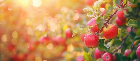 Obraz premium Soft focus image of red apple trees on a farm with fresh organic apples growing on branches; showcasing a blurred background with copy space image.
