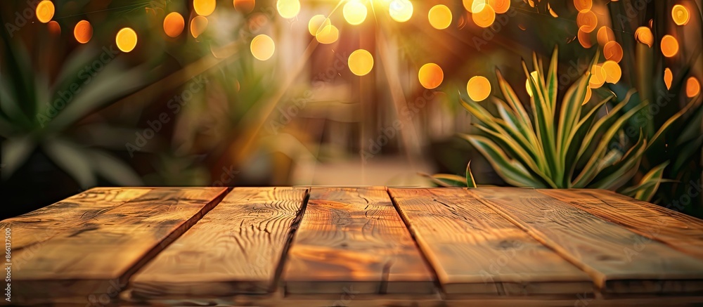 Poster A wooden table with Redbird Cactus leaves on top, creating a bokeh effect, ideal for product displays, featuring ample copy space in the image.