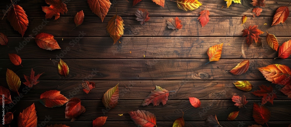 Aufkleber Wooden background with autumn leaves creating a cozy setting for a copy space image