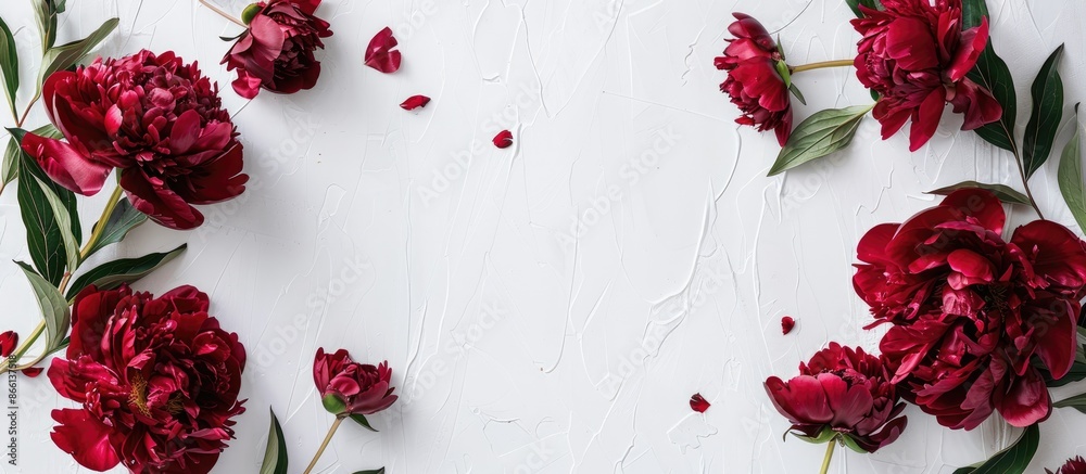 Aufkleber Fresh red peonies on a white backdrop with room for text. Floral border in a flat lay, seen from above with available copy space image.