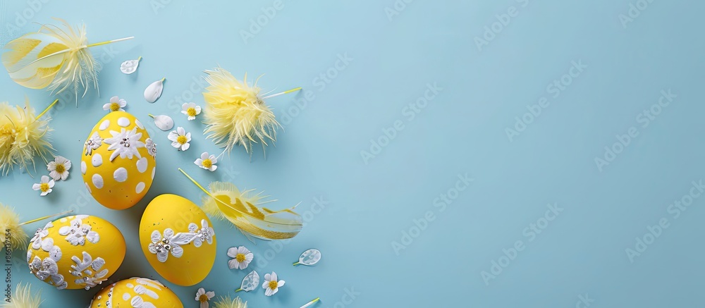 Poster Yellow Easter eggs with feather decorations on a soft blue background for a top view flat lay image with space for text. copy space available