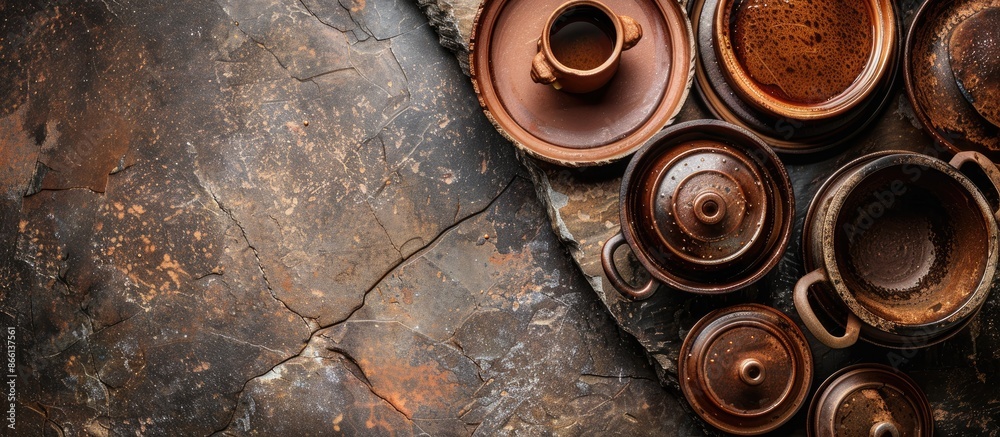 Poster top view of rustic clay dishes like pot, plates, and gravy boat on a stone table with ample copy spa