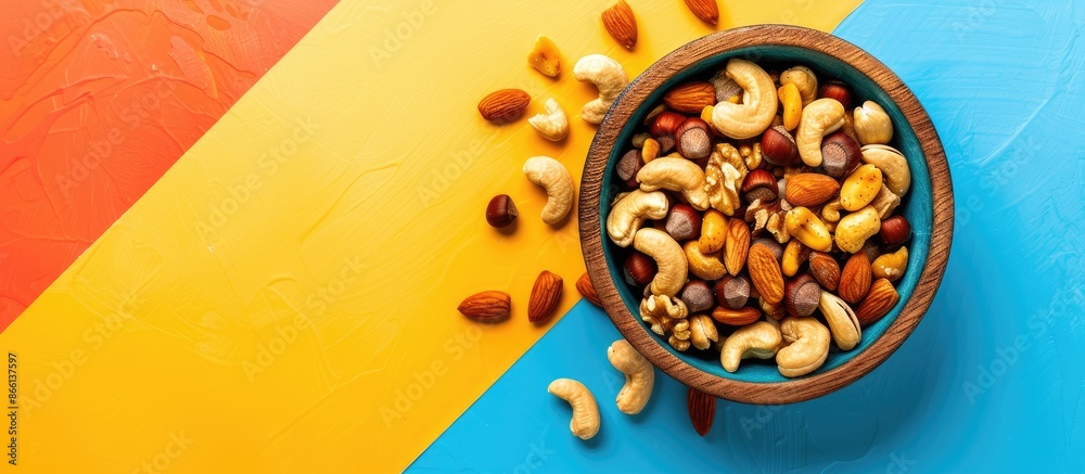 Poster top view of a wooden bowl on a colorful table filled with a variety of nuts like cashews, hazelnuts,
