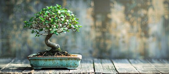 Bonsai tree in a lovely pot positioned on a wooden table, with room for text in the image. copy space available