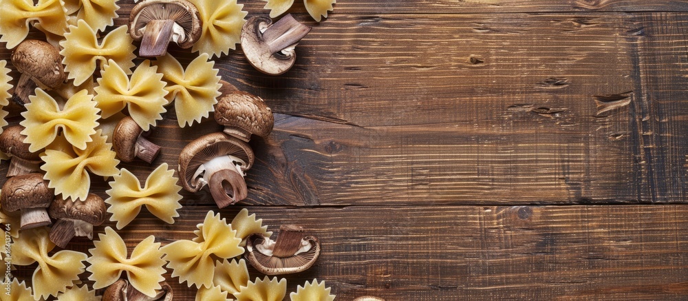 Poster a top-down view of farfalle pasta and mushrooms on a wooden surface, representing italian cuisine, w