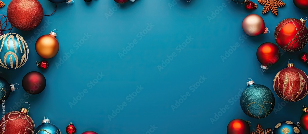 Poster beautiful christmas balls creating a frame on a blue backdrop with a copy space image.