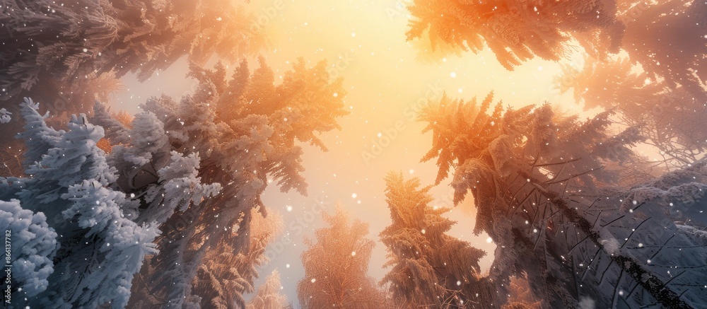 Poster scenic winter forest scene with snow-covered alpine trees viewed from below against a soft orange-li