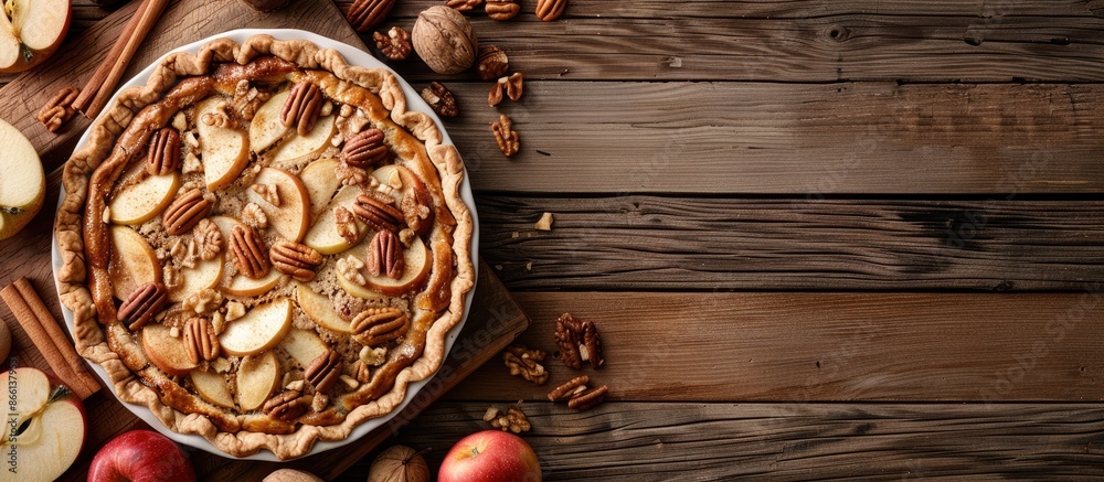 Poster delicious homemade whole wheat pie with apples, cinnamon, and a variety of nuts on a rustic wooden t