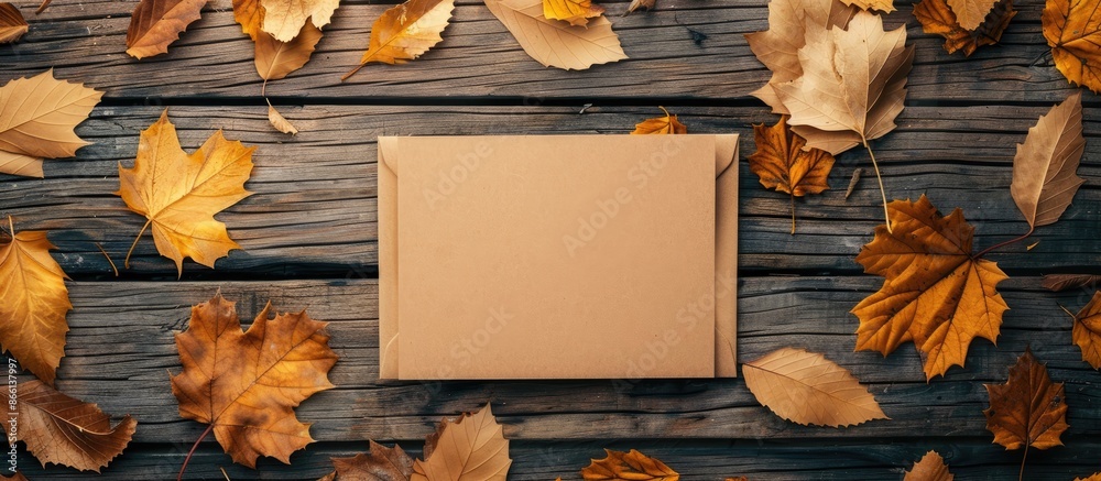 Poster top view of a greeting card mockup set against a wooden background adorned with autumn leaves, offer
