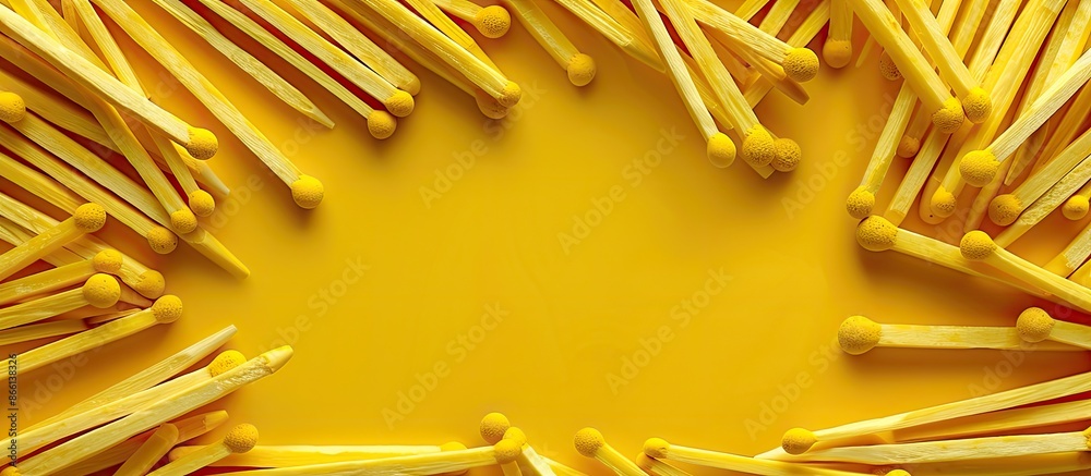 Aufkleber New matchsticks arranged to form a frame on a yellow background, providing space for image insertion. copy space available