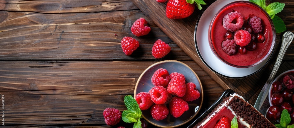Poster Top view of a wooden table with a raspberry smoothie, cake, and berries, providing copy space in the image.