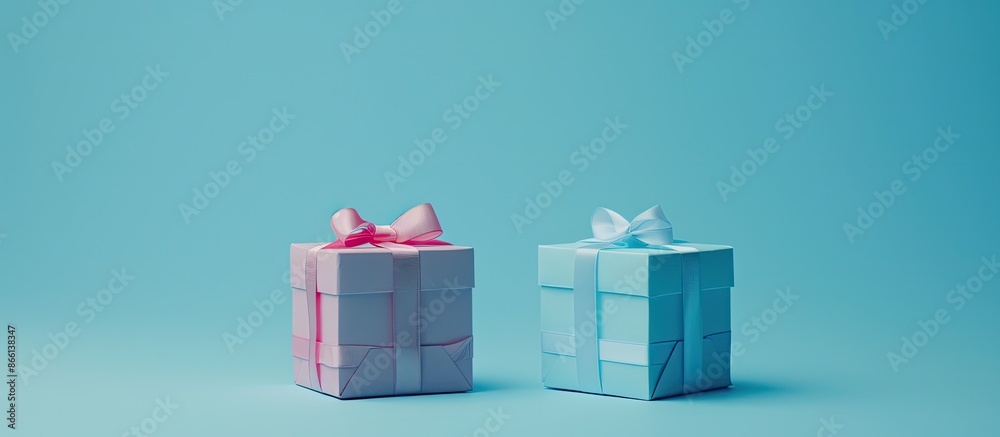 Poster minimalist photography showcasing two gift boxes in pink and blue hues on a serene blue backdrop wit
