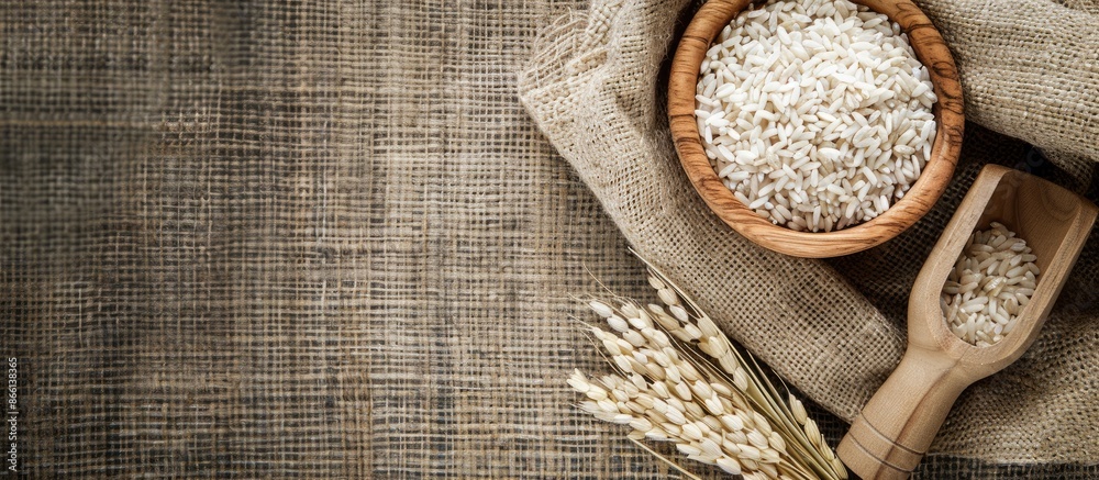Poster a top-view image with copy space featuring a wooden scoop and bowl filled with rice cereal on a text