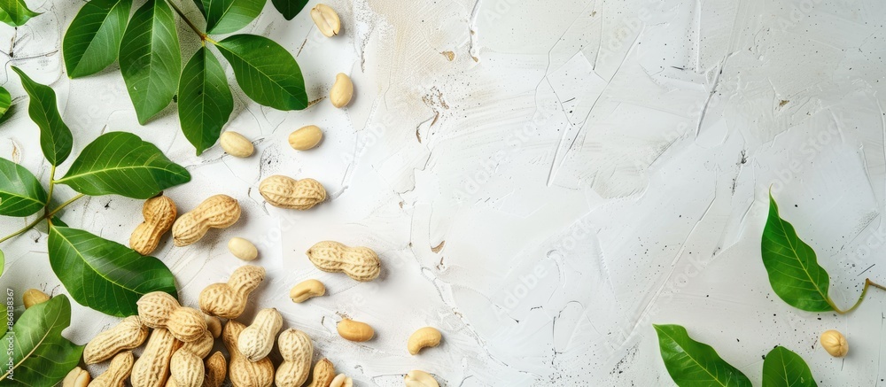 Poster White table with fresh peanuts and leaves arranged neatly, ideal for adding text in copy space image.